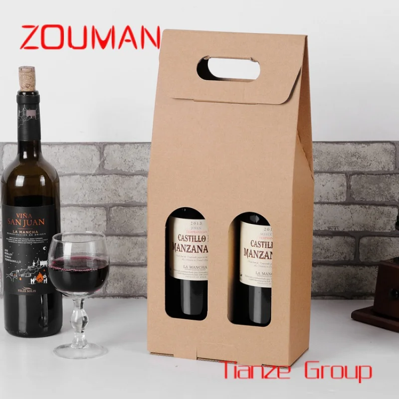 Caja de papel plegable personalizada, caja de papel Kraft, caja de vino tinto portátil, cajas individuales o dobles para embalaje, venta al por mayor