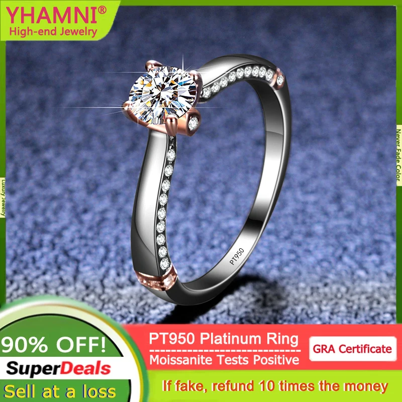 

YHAMNI Solid PT950 Platinum Ring With Rose Gold Four Claws 0.5 Carat VVS1 D Color Moissanite Girl's Fine Jewelry Wedding Ring