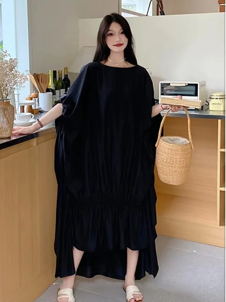 XITAO Asymmetrical Flounced Edge Folds Dress Solid Color Pullover Batwing Sleeve Fashion Slimming 2024 Summer New Casual ZY8835