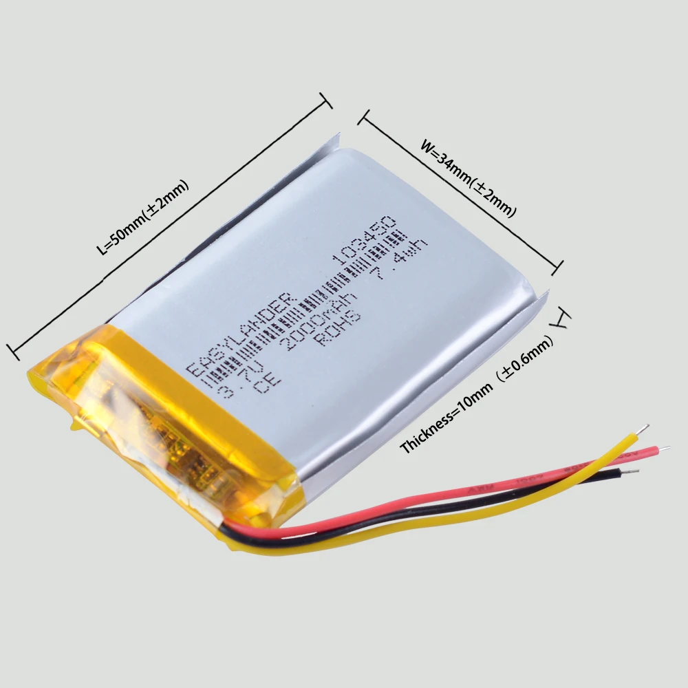 Fils de silicone 3 fils 103450   3.7V 2000mAh Li polymère batterie rechargeable au lithium Lipo Batteries