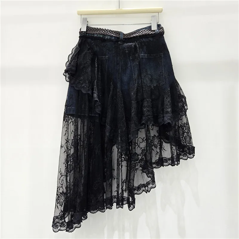 Rua irregular chique elegante renda emenda moda idade-reduzindo saia jeans feminino outono cintura alta solta coreano bolo saias