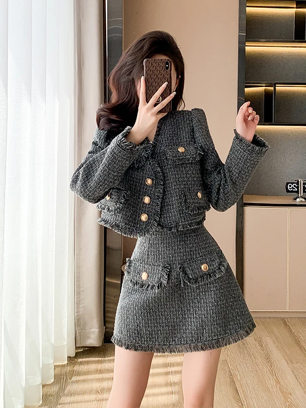 

Ele ort Coat And Skirt Set for Women Autumn Winter Thiened Woolen Design Ladylike Sle Two-Piece Suit