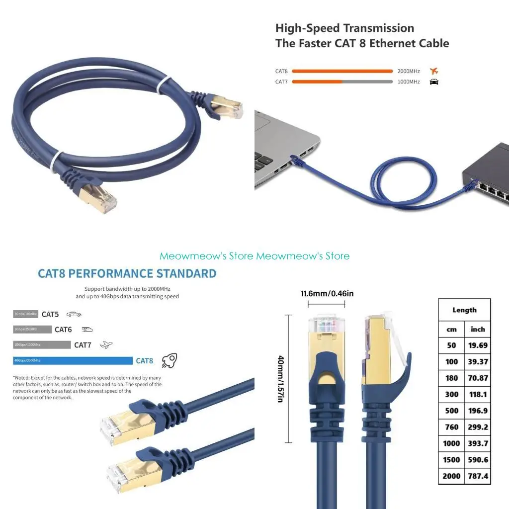 

W91A Cat8 Ethernet Networking Cable, плоский шнур RJ45 LAN, 40 Гбит / с МГц для сети