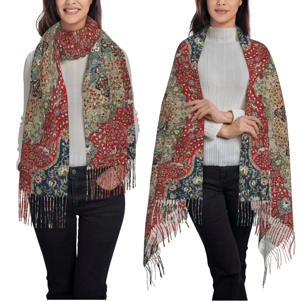Vintage Antique Persian Carpet Print Scarf Tassel Scarves Women Soft Warm Shawls and Wraps Large Fall Winter Shawl Wrap