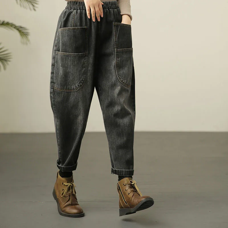 

Джинсовые брюки-шаровары с эластичной резинкой на талии, однотонные джинсы-шаровары в стиле пэчворк, женские весенне-осенние джинсы, брендовые товары на заказ