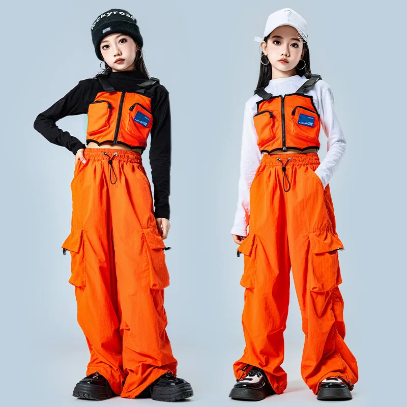 

Jazz Hip Hop Girls Fashion Show Clothes Children Streetwear Orange Vest Cargo Pants T-shirt Sets Kids Tracksuits Stage Costume