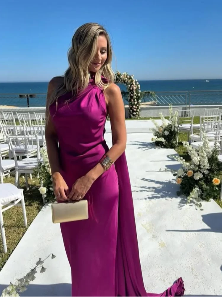 Elegancki pasek dekolt w serek długa sukienka na imprezę kobiety solidna bez rękawów Backless linia A luźne sukienki 2025 moda wieczorowa plisowana szata