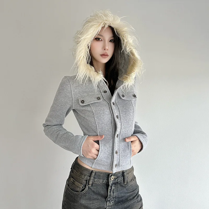 Otoño e Invierno nueva chaqueta básica con capucha de piel sintética con botones abiertos y diseño dividido de color sólido