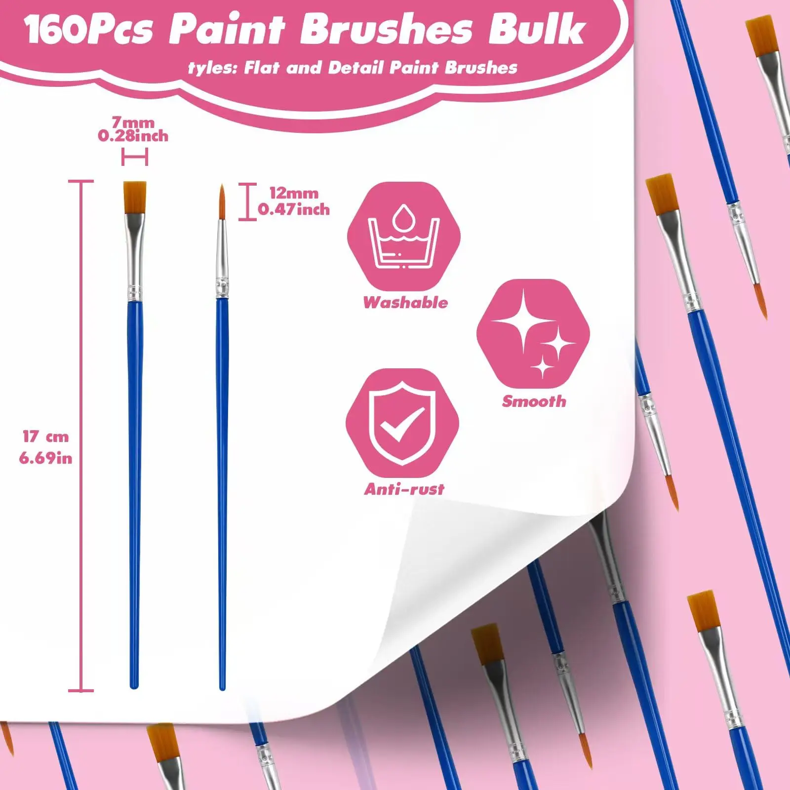 Painting Brushes Set Art Round Flat Nylon Hair Paint Brush for Oil Acrylic Watercolor Kids Classroom Craft