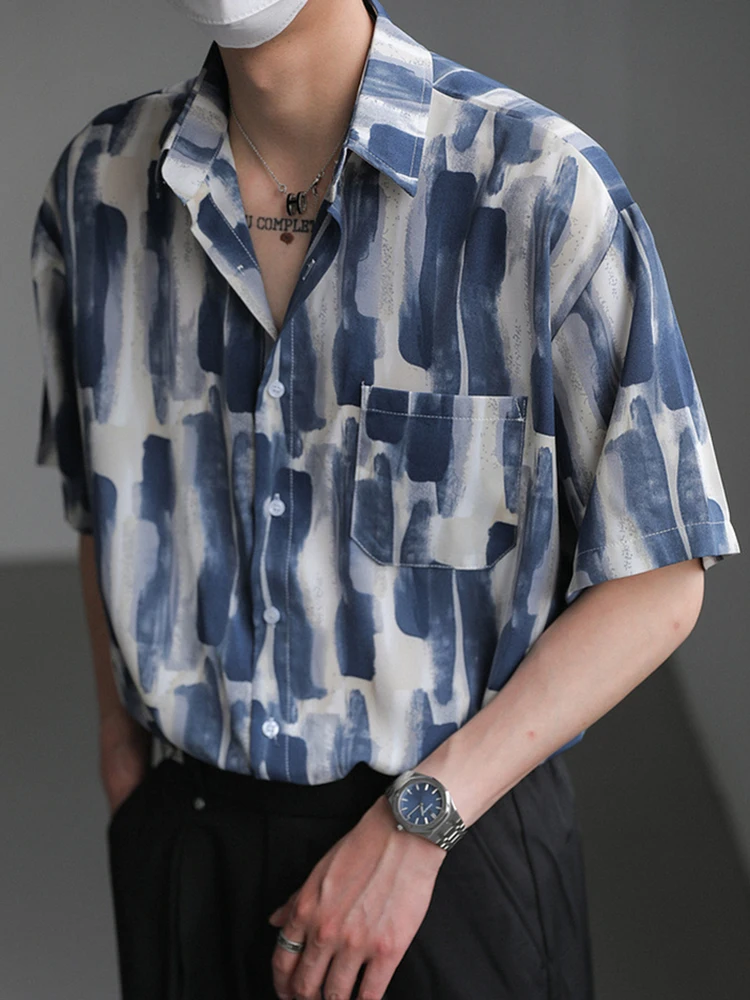 

Vintage Pattern Printing Shirt For Men Short Sleeve Turn-down Collar Buttoned Shirts Men Summer Leisure Loose Shirt Streetwear