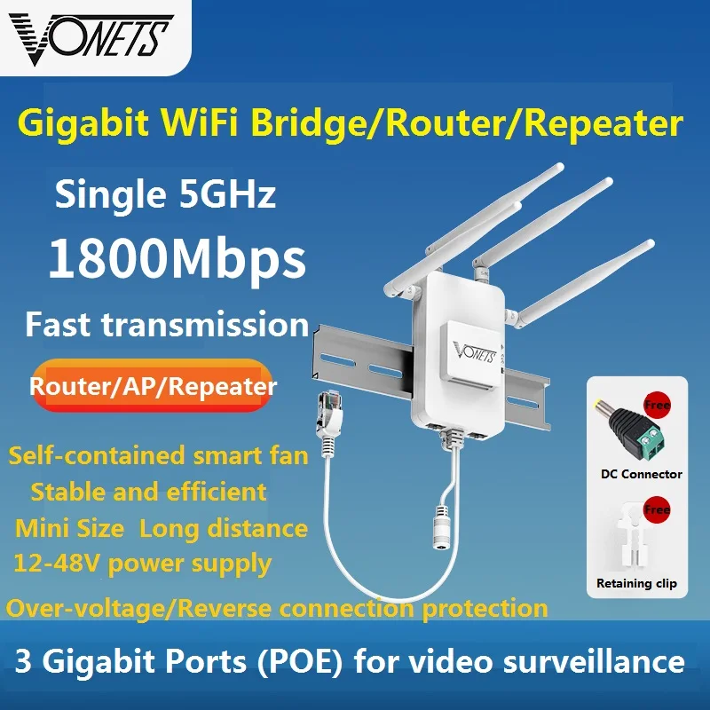 

VONETS Gigabit PoE 5GHz WiFi Router Wireless Bridge Repeater WiFi to Ethernet Adapter 1000M Range Extender DVR IoT VAR1800-H