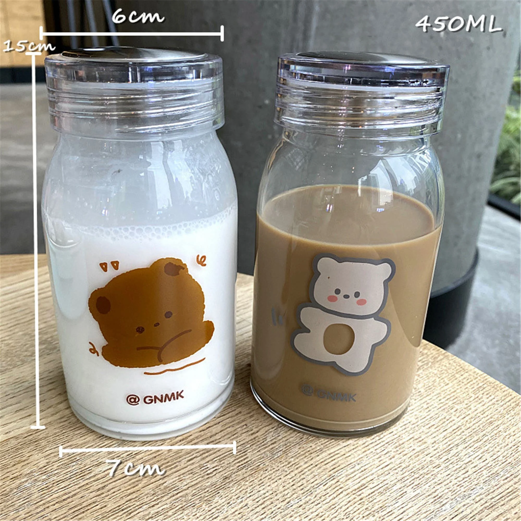 Cute Bear Glass Water Bottle With Lid Clear Printing Water Bottle Portable Cartoon Aesthetic Travel Water Bottle 500ML Couple