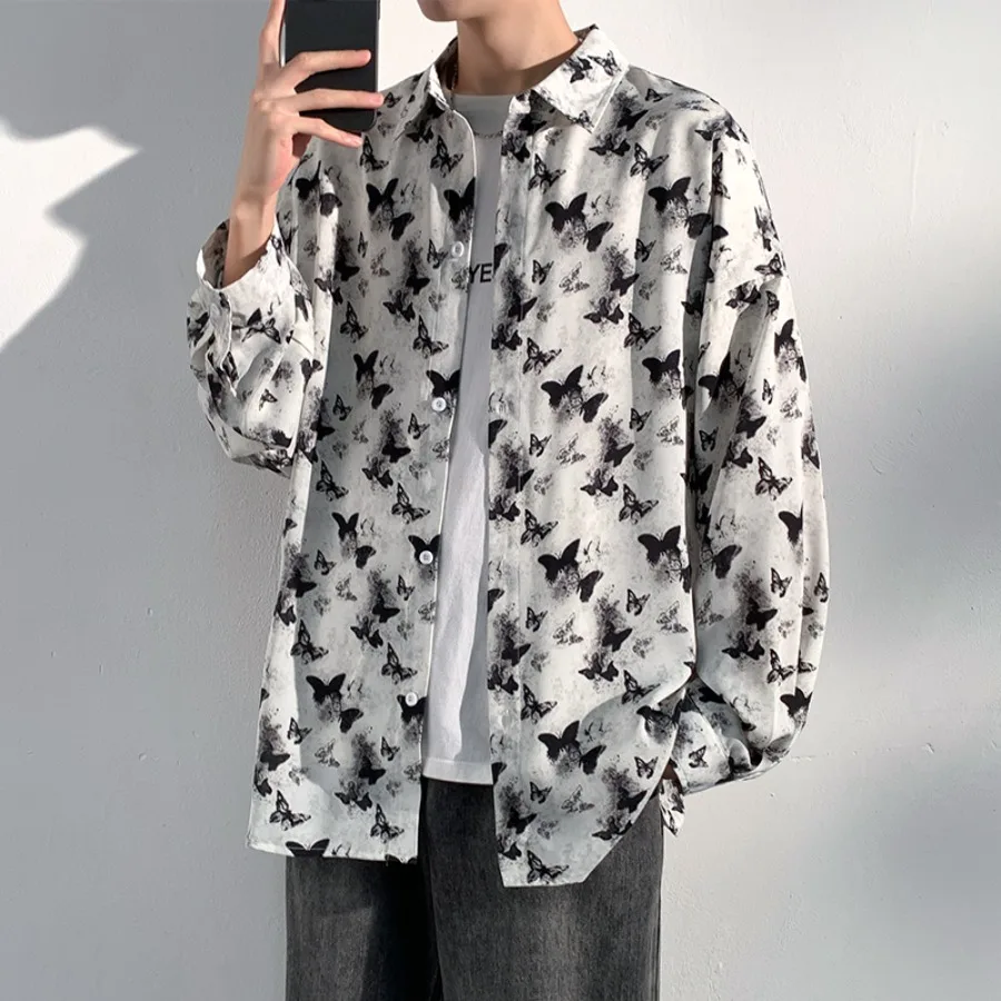 Advanced Long Sleeved Shirt for Men's Autumn New Item Butterfly Print Casual Versatile Drape Shirt