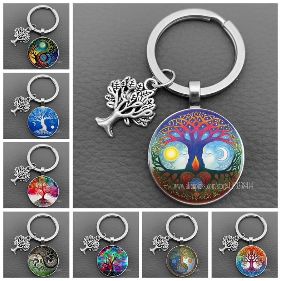 Tree of Spiritual Life Keychain Mandala Painting Yin Yang Bagua Tree Keychain Suitable for Giving Gifts to Family and Friends