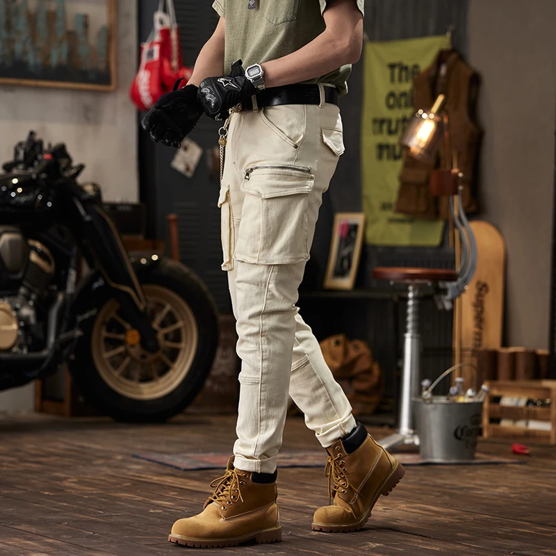 Beige Motorcycle Jeans Men's Business Shirt Fashionable Slim-Fit Stretch Multi-Pocket Fashionable Casual Motorcycle Trousers