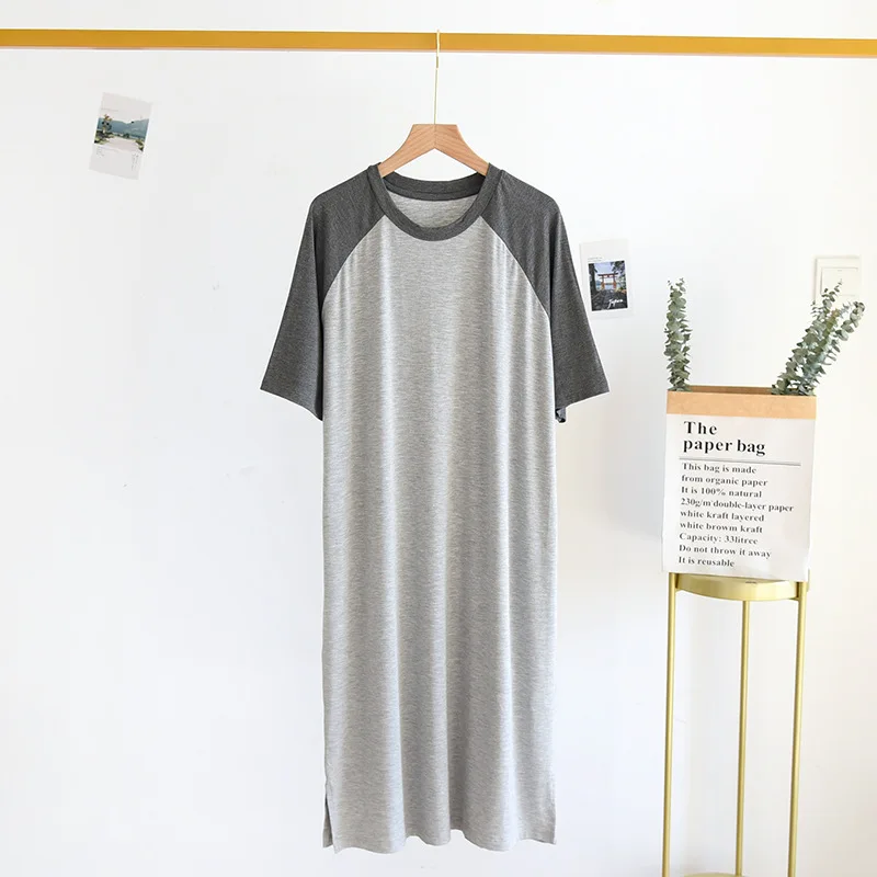 Splicing Round Neck Nightgown Sleepdress Men Short Sleeve Homewear Casual Night Dress Solid Color Home Clothes Silk Homedress