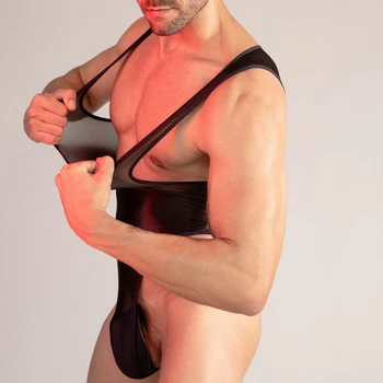 Men's Sexy Bodysuit High Cut Oil Glossy Rompers Stretchy High Quality Rompers Ultra Thin Playsuits Sheer Soft Ice Silk Sleepwear