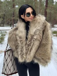 Elegant Women Fluffy Faux Fur Thick Coat Fashion Lapel Long Sleeves Loose Outerwear Autumn Winter Lady Warm Short Overcoats