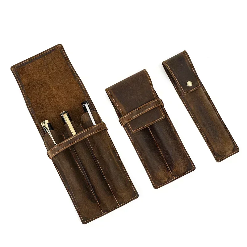 Handmade Cowhide Pen Holder Vintage Horsehide Pen Case Can Hold 1-3 Fountain Pens Personalized Creative Student Pen Case