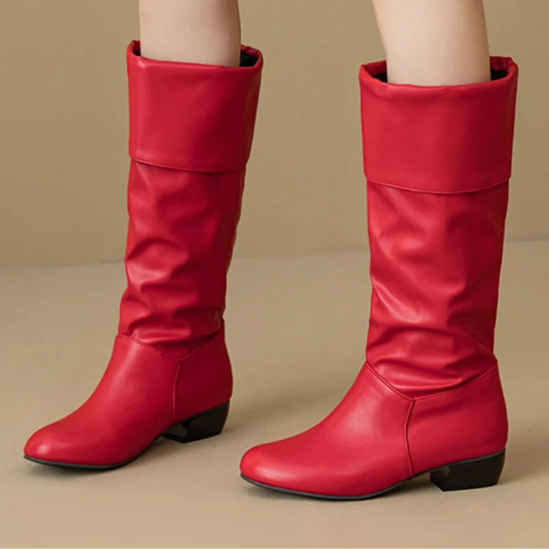 

Сапоги до колена без шнуровки, плиссированные осенние туфли, женские высокие сапоги, элегантные черные, белые, красные длинные туфли, женские большие размеры 47, водонепроницаемые
