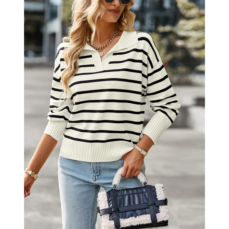 

2024 New Women Striped Casual Sweater Soft Top Temperament Commuting Women's Clothes Fashion Long Sleeve V-neck Loose Pullovers