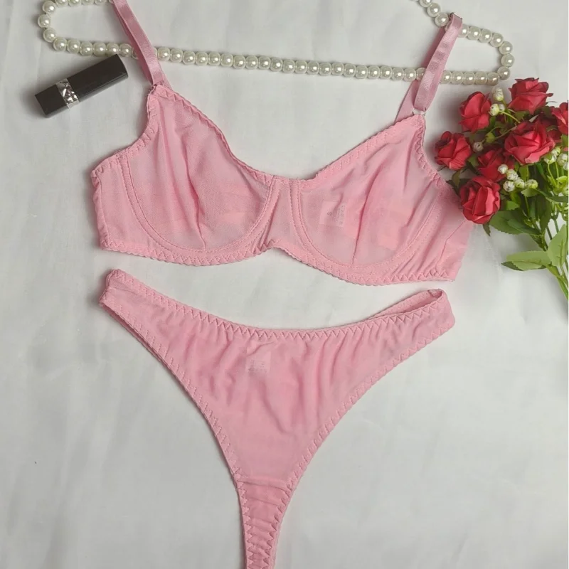 

Lingerie Woman Sexy Mesh Perspective Exotic Underwear Bra Thong Two-Piece Suit Ultrathin Temptation Trikini Bra & Brief Sets