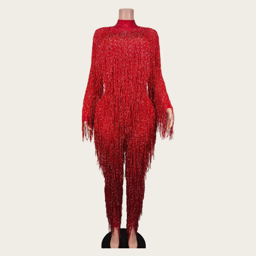 

Fashion Long Sleeves See Through Diamond Fringes Bodysuit Plus Size Birthday Party Jumpsuit Women Maxi Tassel Club Prom Leotards