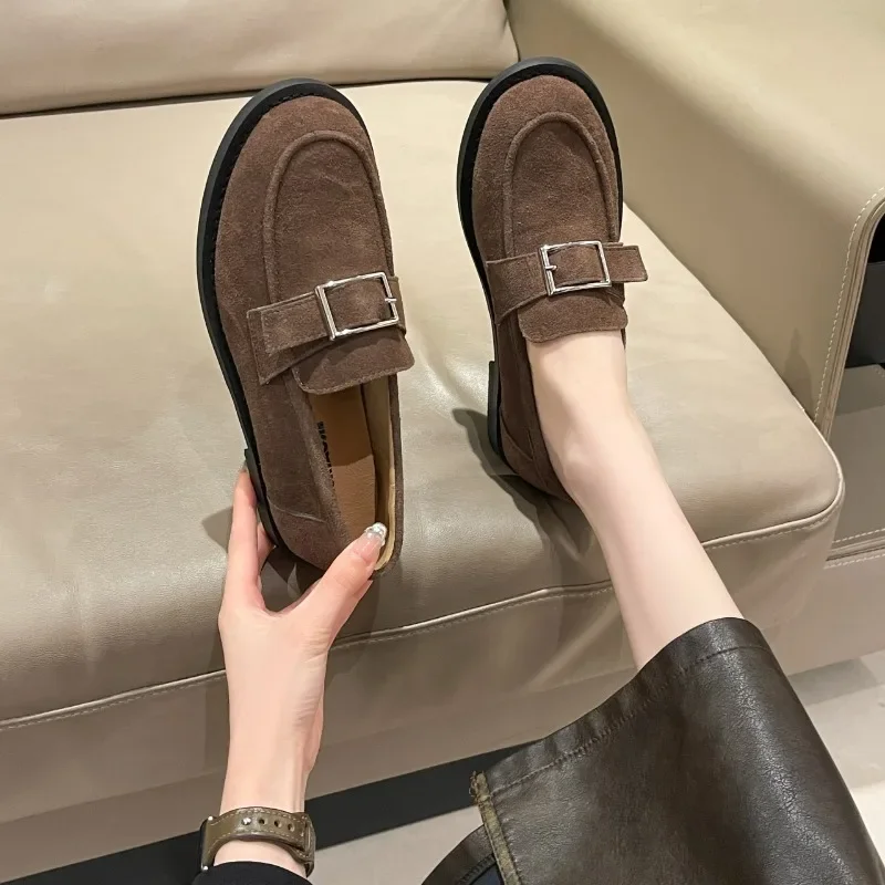 Suede Woman Loafers Belt Buckle Round Toe Vintage Flat Shoes Comfortable Slip on Single Shoes Casual Soft Sole Leather Shoes