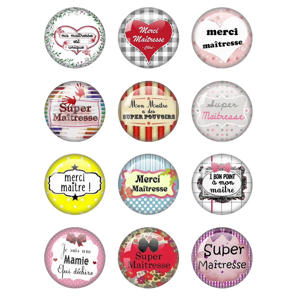 

French Merci Maitresse Words Super Maitresse Round Photo Glass Cabochon Demo Flat Back Making Findings