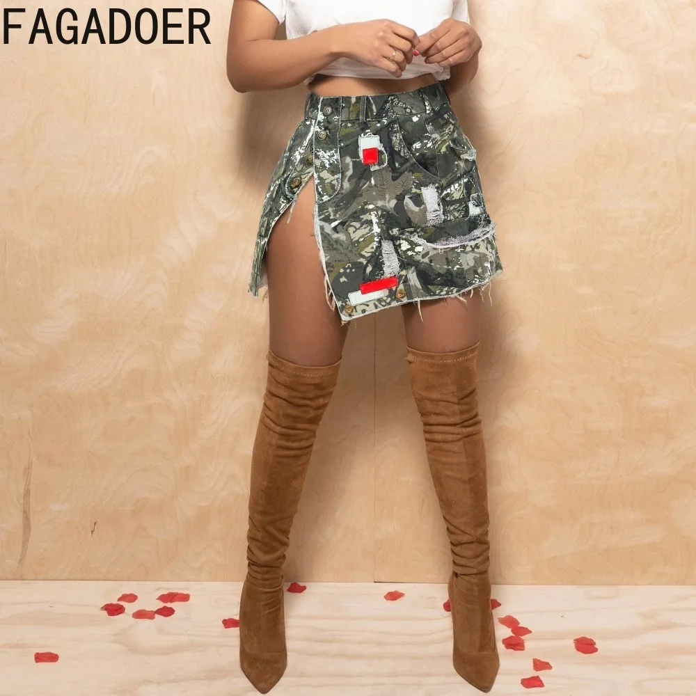 FAGADOER Camouflage Print Sexy Y2k Skirts 2024 Summer High Waist Side Slit Buttons Patchwork Mini Skirts Fashion A Line Faldas