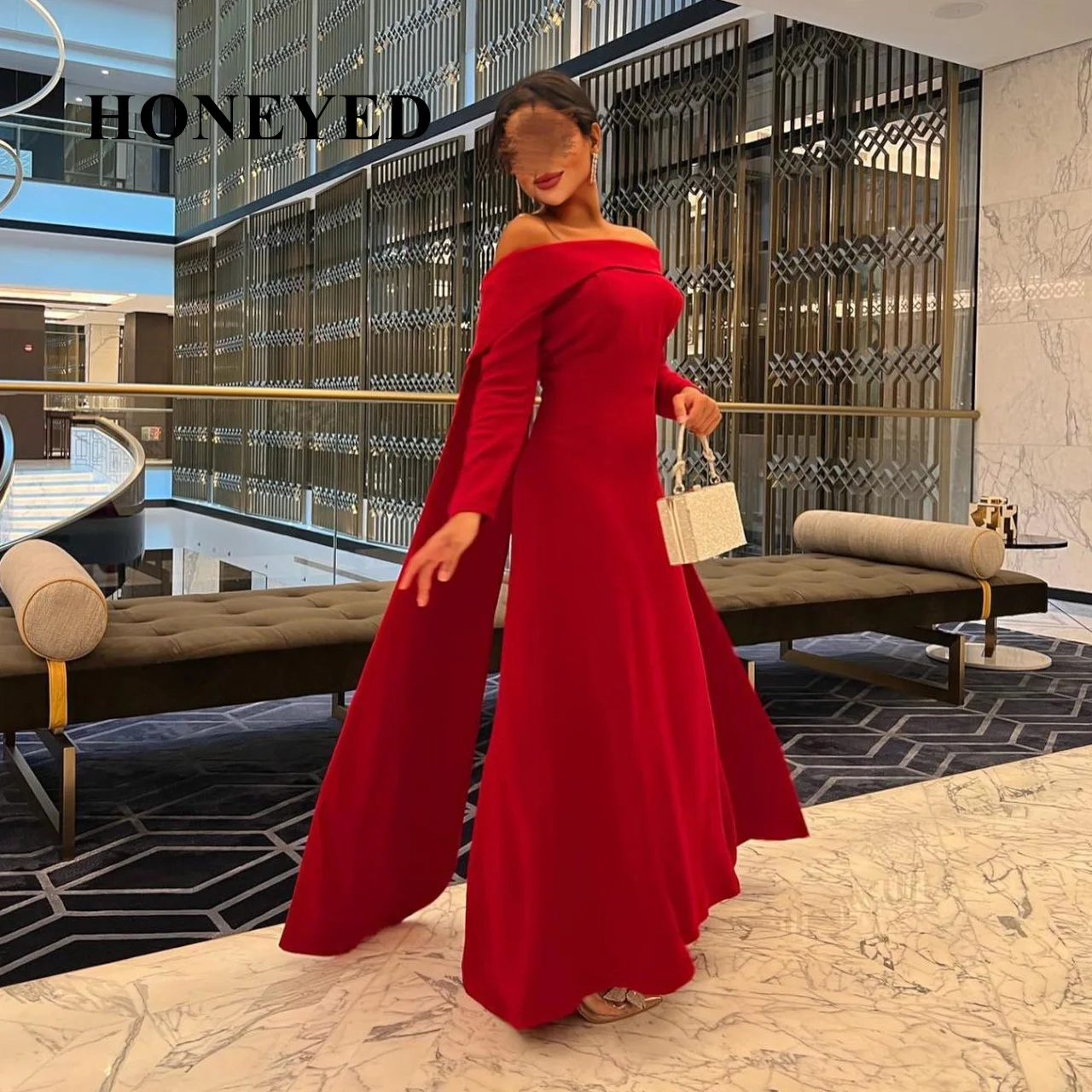 HONEYED 2023 Red Long Shawl Sleeve Prom Luxury Dubai Evening Dress  With Ankle Length Summer Women Wedding Party Gowns 2023