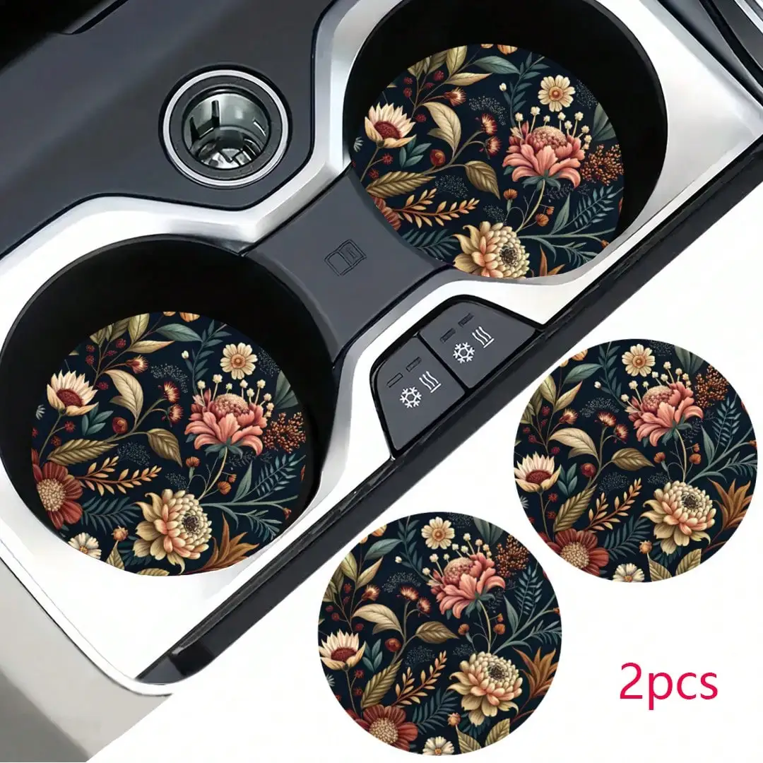 

2pcs Flower Print Pattern Car Cup Coaster, Stylish Fast-Drying Non-Slip Car Cup Mat