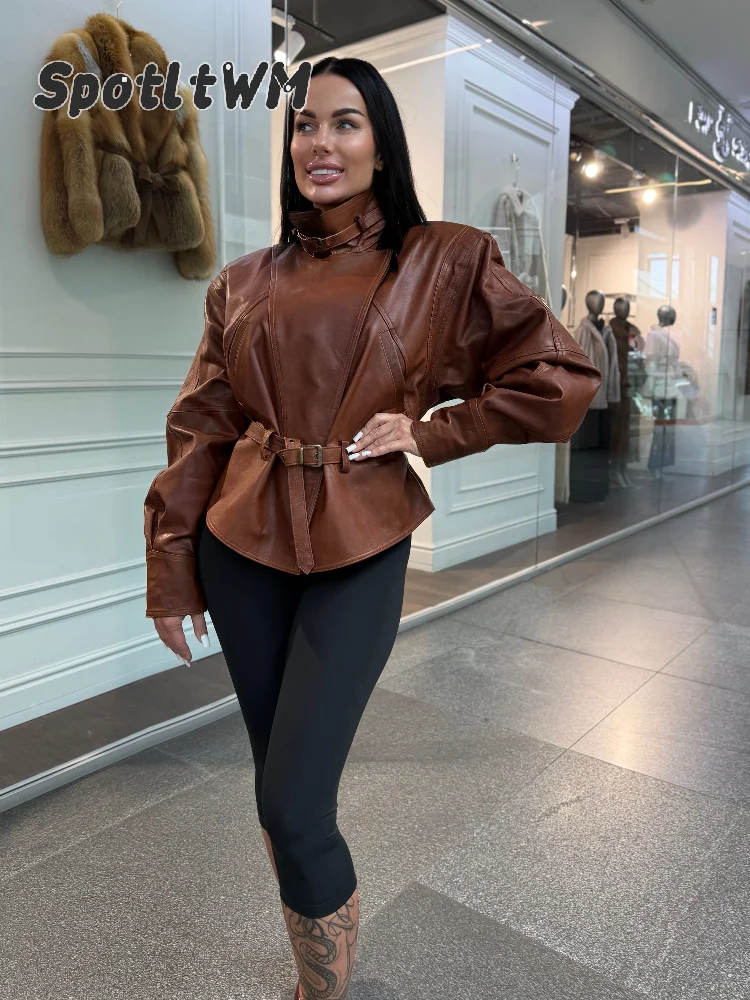 Women Solid Faux Leather Waist Belted Jacket High Neck Buckle Loose Cropped Coats Batwing Sleeve Vintage Autumn Lady Moto Coat