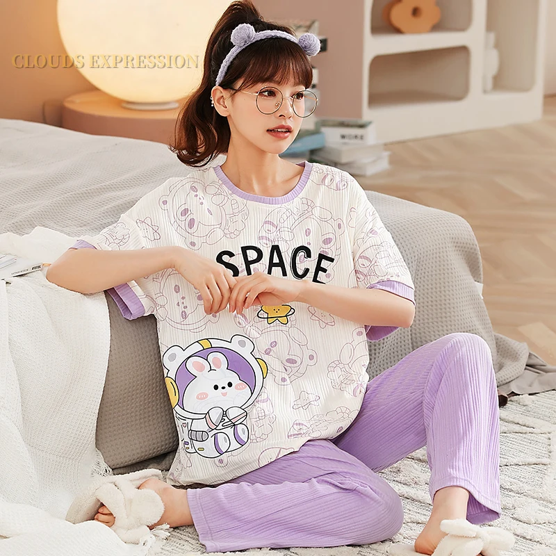 Spring Summer Nightwear Girsl PJ Elegant Women Pajama Sets Pyjamas Femme Plaid Sleepwear Purple Loungewear Pijama Mujer Homewear