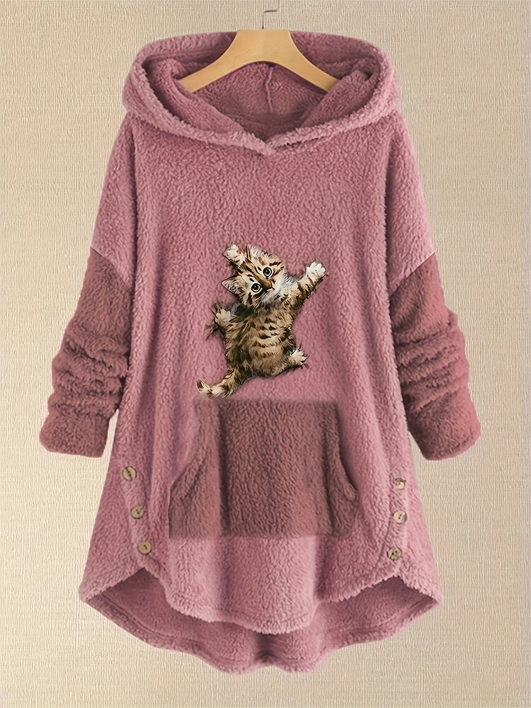 Nowości Jesień/Zima Plus Size Damska Kurtka Jesienno-Zimowa z Kapturem, Długi Rękaw, Obniżone Ramiona, Blokowanie Kolorów, Patchwork, Polar