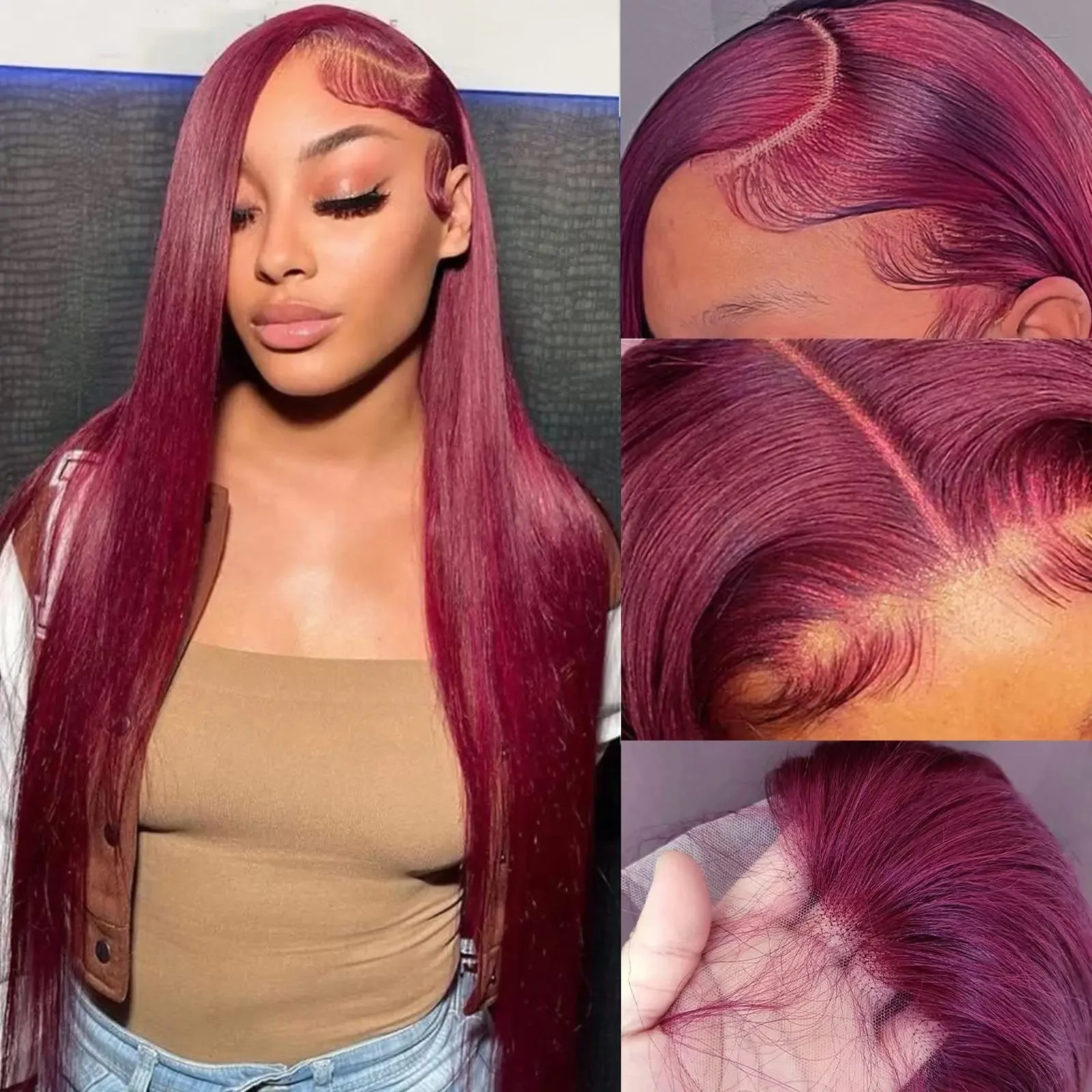 34 36 Inch Transparent 13x4 13x6 Straight HD Lace Frontal Human Hair Wigs For Women 99J Burgundy Colored 200 Density Remy Hair