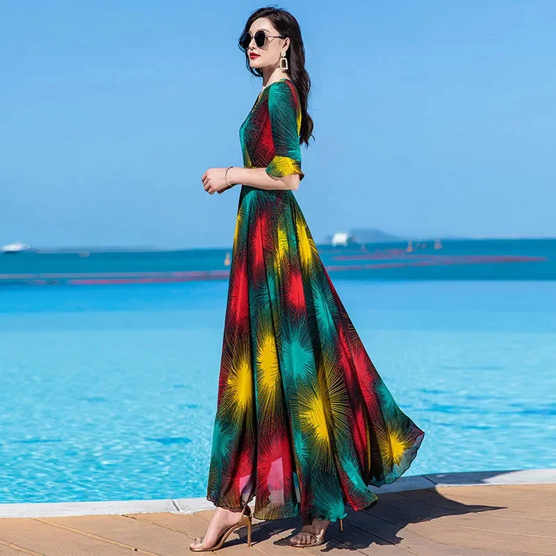 Floral Dress 4XL Women\'s 2025 Summer Chiffon V-Neck Dress High end Style Celebrity Splice A-line Skirt for Women Elegant Mujer