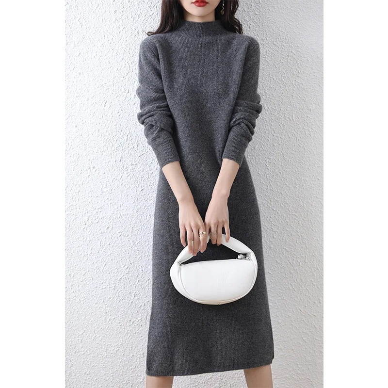 

Half Turtleneck Knitted Dress Women, Autumn And Winter, Over--Knee, Mid-Length,, Bodycon,% Wool Sweater