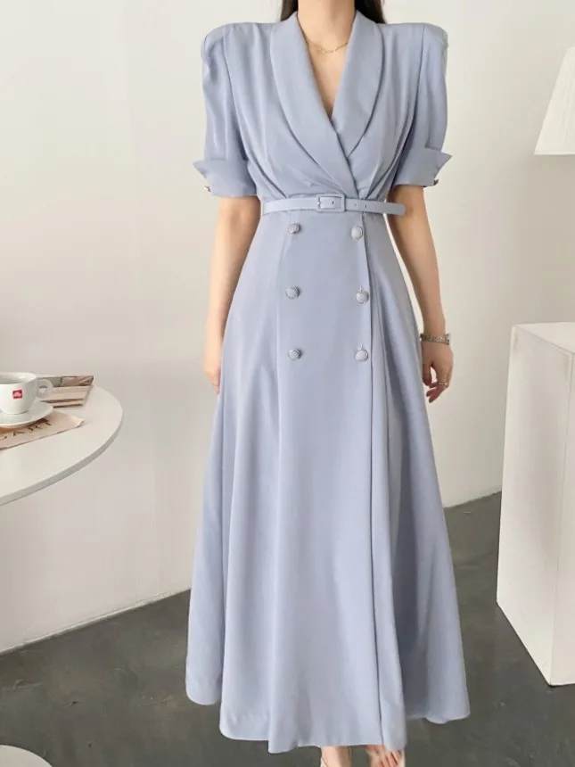 Vestido longo estilo terno de verão chique com botões duplos na cintura, cinto incluído, e e chique para trabalho, peç...