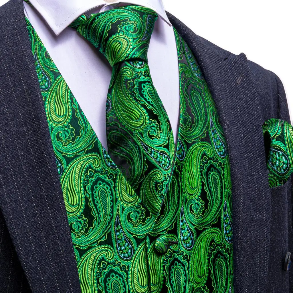 

Luxury Dress Vest for Men Waistcoat Tie Set Silk Green Paisley Man Gilet Wedding Formal Dress Suit Steampunk Barry Wang