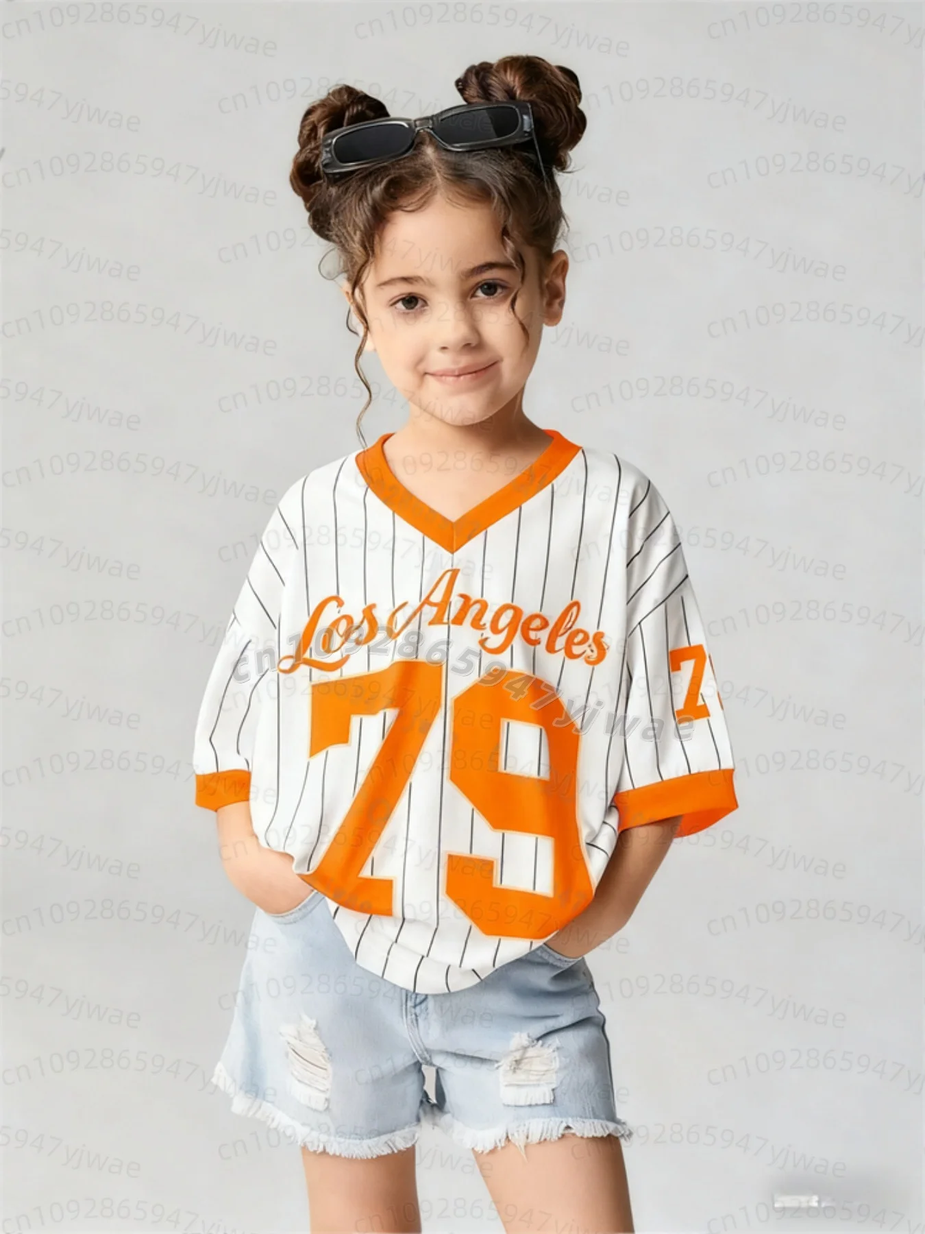 26 Mädchen Freizeit-Sportstil Los Angeles Nr. 79 Muster Farbblock-Print Kurzarm V-Ausschnitt Damen Kinder Erwachsene T-Shirt – Detail 6