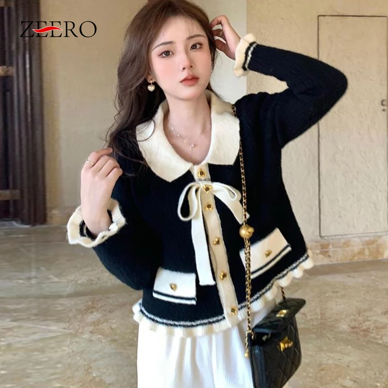 

Spring Fall Women Cropped Sweater Patchwork Bow Single Breasted Knitted Cardigan Girls Black Single-breasted Short Sweater Coats