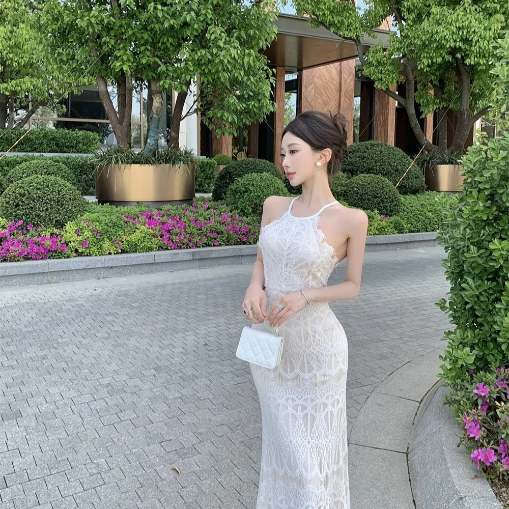 Vestido Retro de Encaje con Espalda Descubierta y Tirantes, Falda de Hada para Vacaciones en la Playa, Estilo Vintage de Vera...