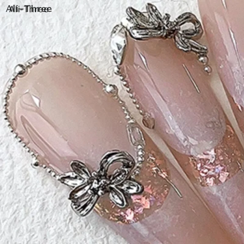 20 pezzi in lega d'argento con fiocco per unghie, nastro di lusso, ali di farfalla, metallo, nail art, strass, decorazione, accessori per manicure