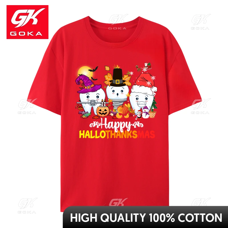 Dental Halloween Thanksgiving Christmas Happy Hallothanksmas T-Shirt Printed on Slim Fit Mens Tees Printed on Cotton