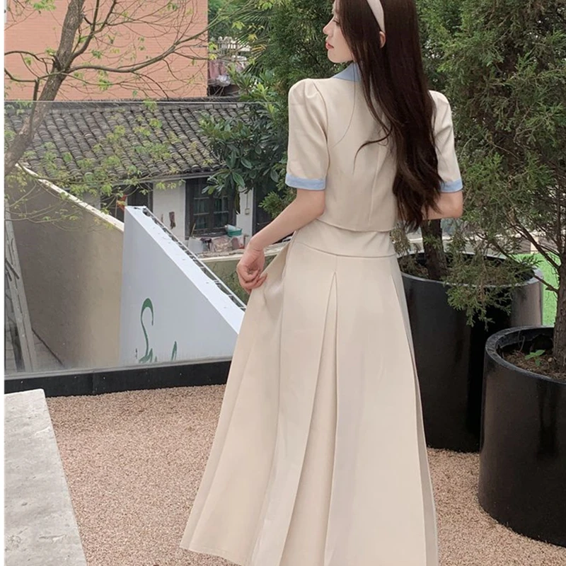 Women Preppy Style Patchwork Coat Skirts Two Piece Dress Set Summer 2023 Korean Lady Graceful Short Jacket Skirt with Waist Suit