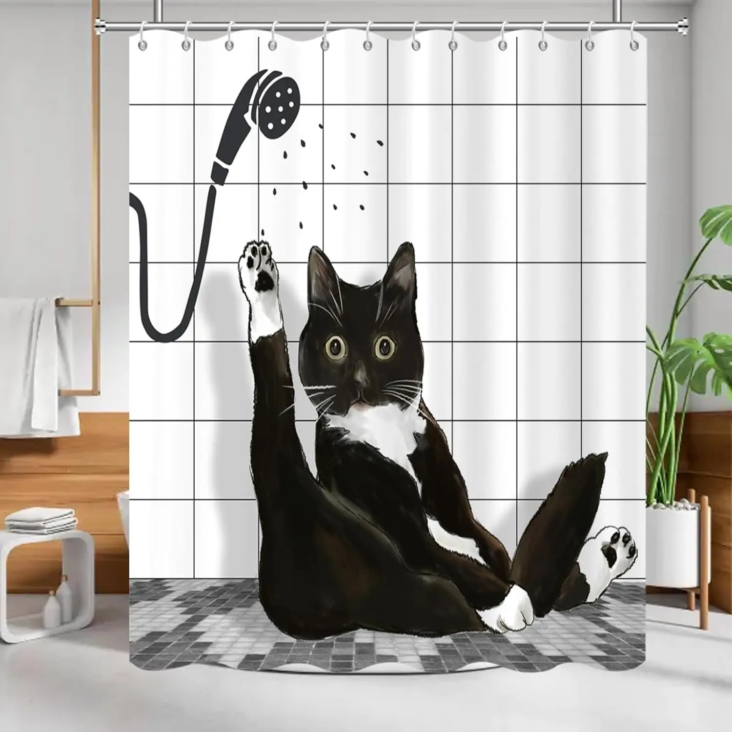 

Funny Cat Shower Curtain Set Black White Cute Kitten Taking Shower Design Shower Curtain for Bathroom Kids Polyester Waterproof