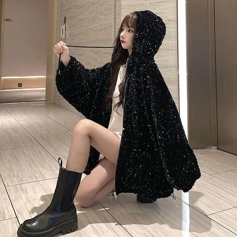 New Fashion Luxury Shiny Sequin Jacket Women Korean Style Loose Bling Bling Hooded Coats Ladies Streetwear Trendy Jackets