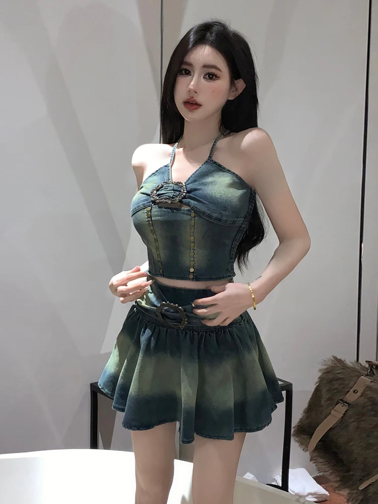 아메리칸 슬레 스파이시 걸 아디언트 컬러 네일레스 빈티지 데님 오트 베스트 하이웨이스트 슬림 A라인 스커트 투피스 세트