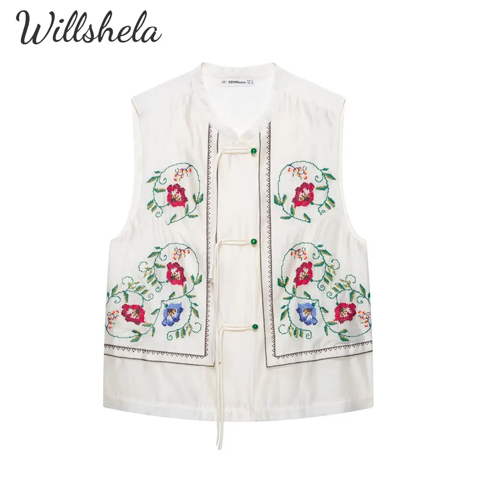

Willshela Women Fashion Vintage Floral Embroidery Sleeveless Tops Tank V-Neck Female Chic Lady Casual Camisole